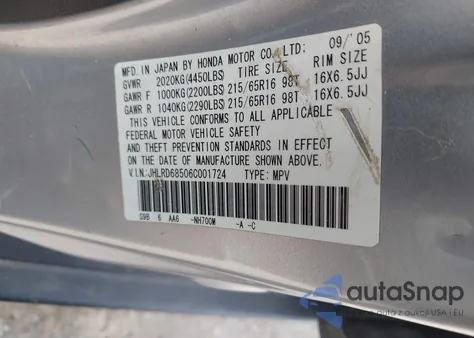 2006 Honda Cr-V Lx z USA, uszkodzony, nr VIN JHLRD68506C001724